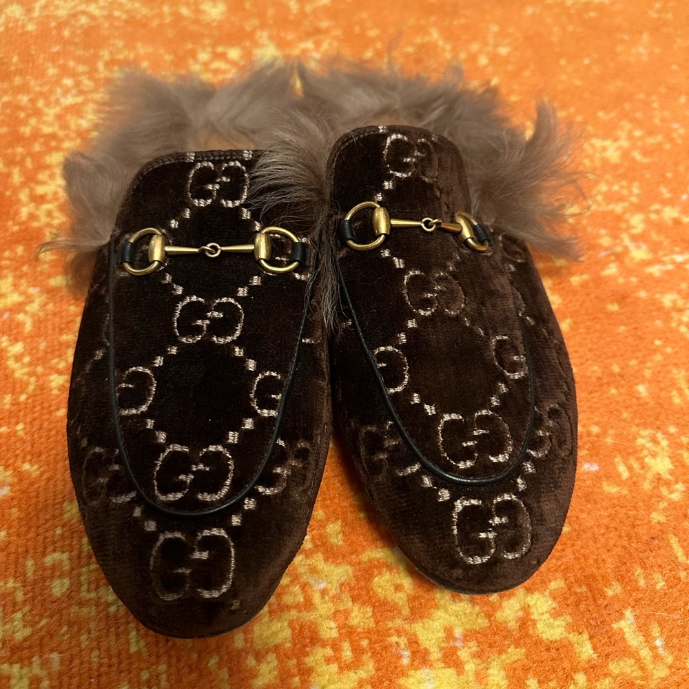 Gucci Brown Velvet Slippers with Gold Accents
